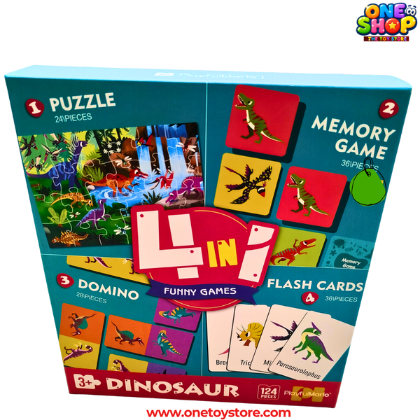 4-in-1 Dinosaur Educational Game Set for Kids – Puzzle, Memory Game, Domino & Flash Cards | 124 Pieces Dinosaur Learning Activity Box | STEM Toy for Boys & Girls Age 3+