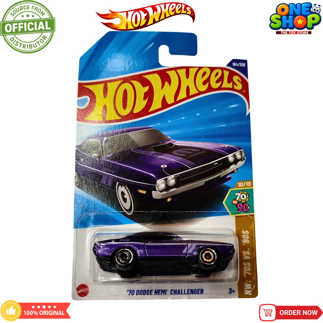 Hot Wheels ’70 Dodge HEMI Challenger Die-Cast Muscle Car – Classic Purple Racing Toy Car for Kids & Collectors