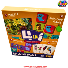 4-in-1 Animal Educational Game Set for Kids – Puzzle, Memory Game, Domino & Flash Cards | 124 Pieces Learning Activity Box | Animal Learning Toy for Preschoolers Age 3+