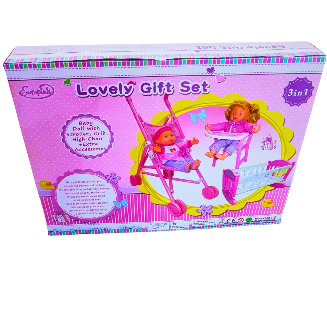 3-in-1 Baby Doll Playset with Stroller, Crib & High Chair – Lovely Gift Set for Girls | Pretend Play Toy in Pakistan Secondary image