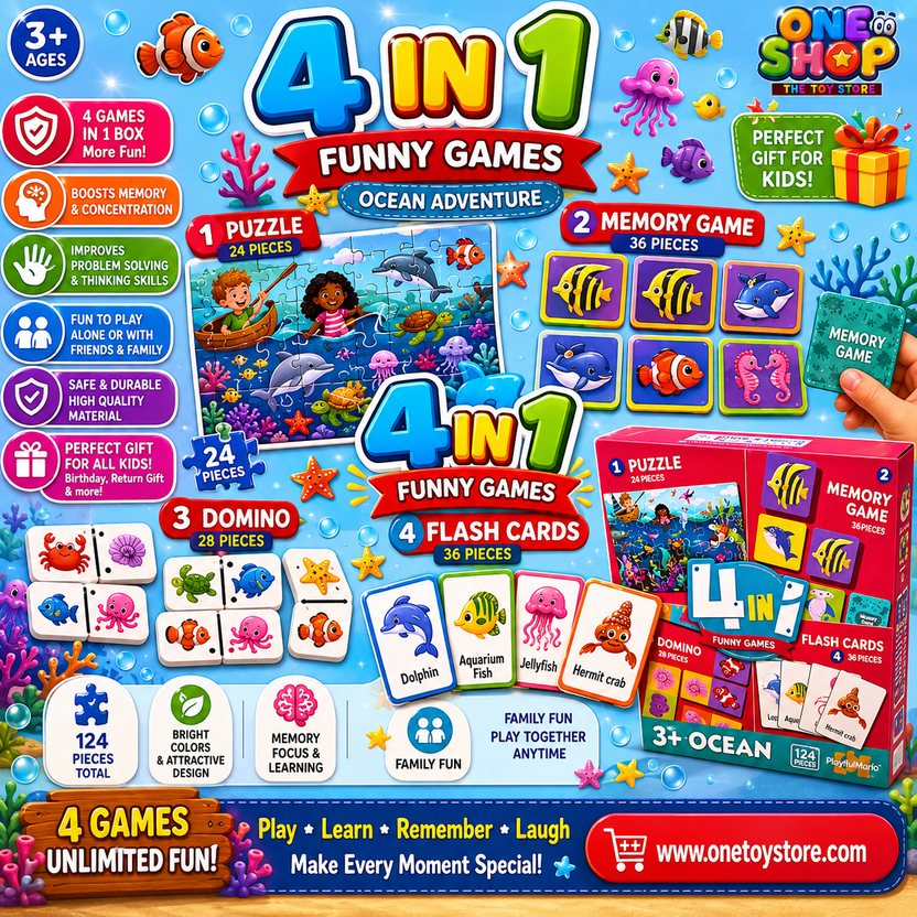 4-in-1 Ocean Educational Game Set for Kids – Puzzle, Memory Game, Domino & Flash Cards | 124 Pieces Learning Activity Box | Preschool Educational Toy Ages 3+ Main image
