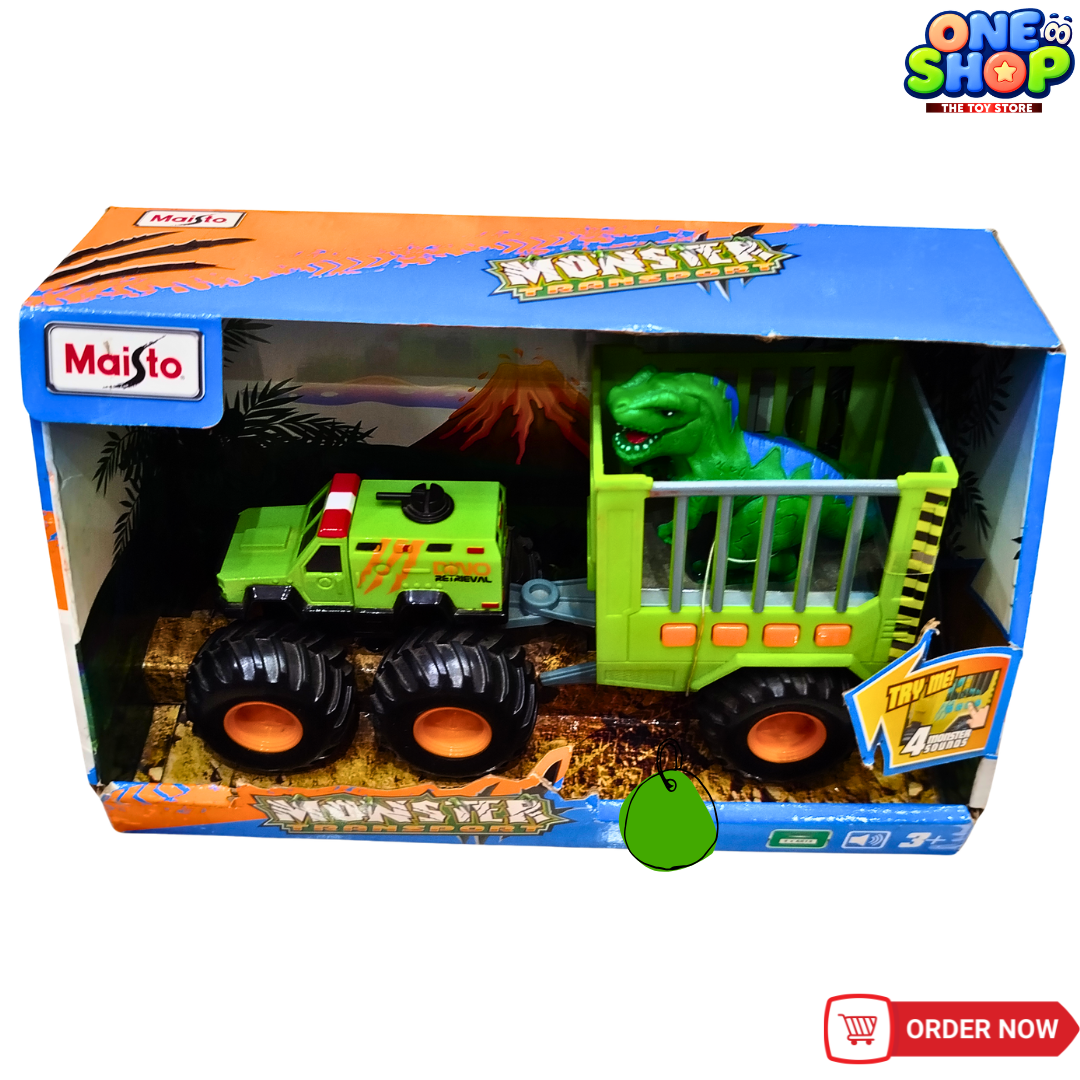 Maisto Monster Transport Dino Truck Toy for Kids – Dinosaur Cage Carrier Vehicle with Big Wheels & Sounds | Off-Road Dino Rescue Truck (3+ Years)