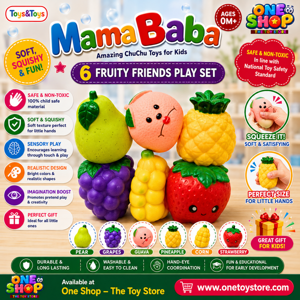 Mama Baba Soft Squishy Fruit Toy Set – 6PCS Sensory Squeeze Fruits for Babies & Toddlers | Non-Toxic Educational Pretend Play Food Toys