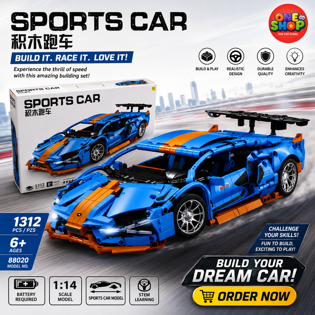 Sports Car Building Blocks Set 1312 Pieces – 1:14 Scale Supercar Construction Toy for Kids | DIY Racing Car Model Kit | STEM Educational Building Set 6+ Years