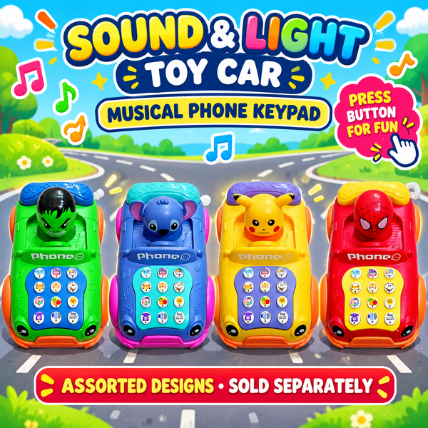Kids Character Sound & Light Toy Car with Musical Phone Keypad – Press-Button Interactive Car Toy | Assorted Superhero & Cartoon Designs