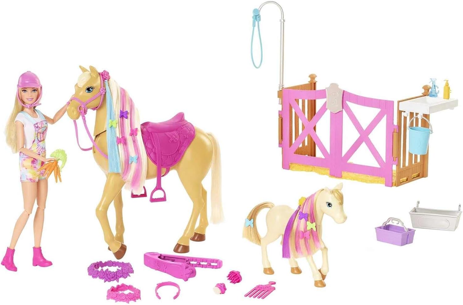 Barbie Groom 'n Care Horses Playset with Barbie Doll (Blonde 11.5-Inch), 2 Horses, 20+ Grooming and Hairstyling Accessories, Gift for 3-7 Years, GXV77