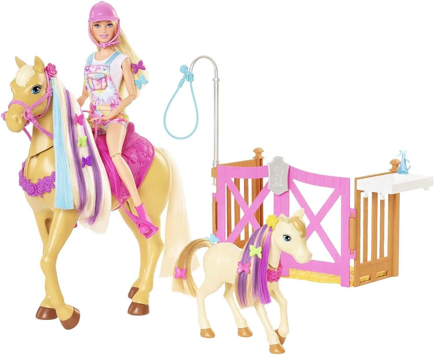 Barbie Groom 'n Care Horses Playset with Barbie Doll (Blonde 11.5-Inch), 2 Horses, 20+ Grooming and Hairstyling Accessories, Gift for 3-7 Years, GXV77