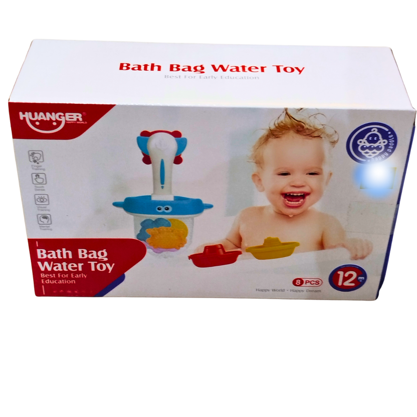 Elephant Bath Bag Water Toy Set for Toddlers – 8-Piece Baby Bath Toys with Boats & Filter Scoop | Fun & Educational Water Play for 12 Months+ Main image