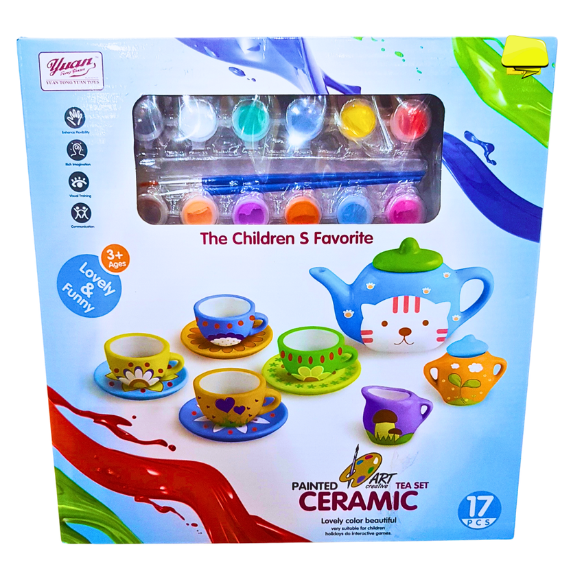 DIY Ceramic Cat Tea Set for Kids - 17-Piece Painting and Craft Kit (3+) Main image