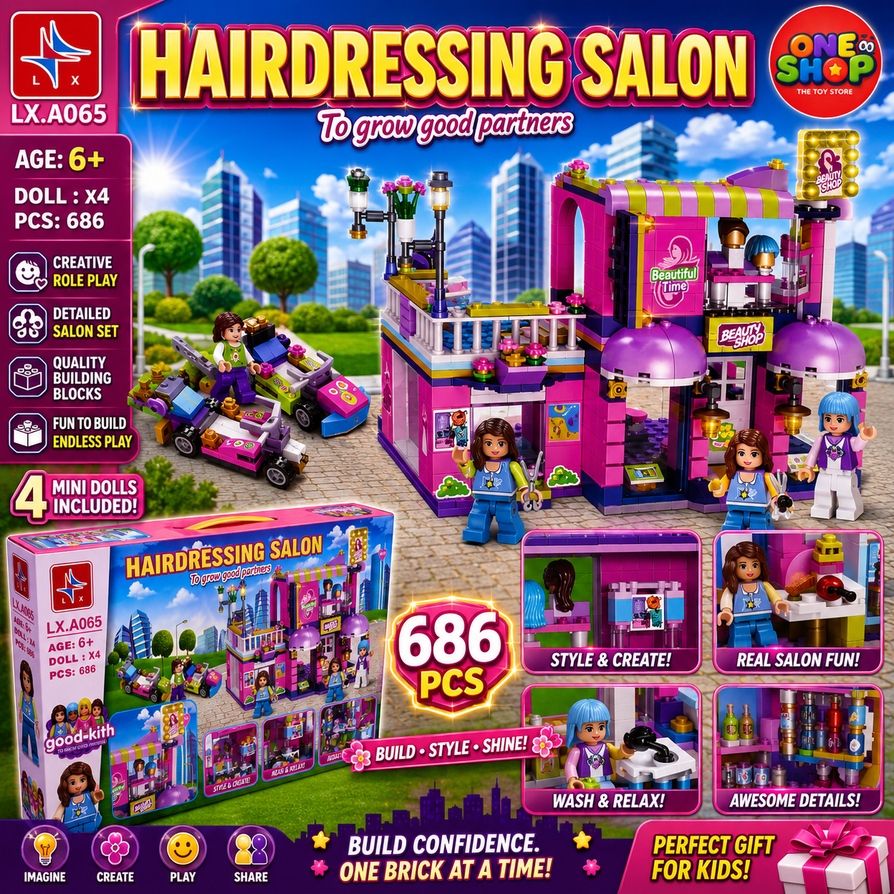 Hairdressing Salon Building Blocks Set for Girls – 686 Pieces Beauty Salon Construction Toy with 4 Mini Dolls & Accessories | Ages 6+