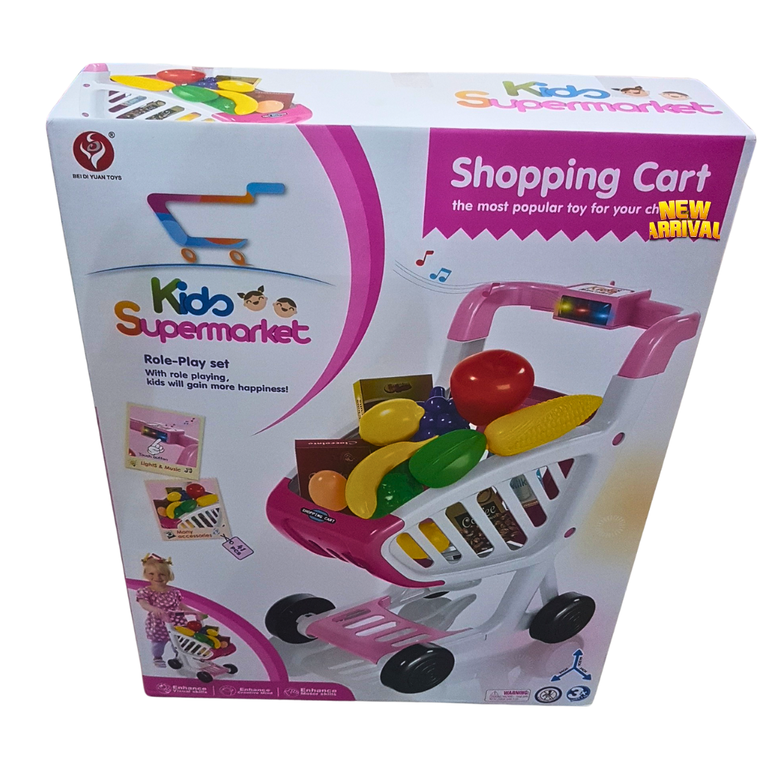 Kids Supermarket Shopping Cart Toy – Pretend Play Grocery Set with Lights & Food Items for Ages 3+
