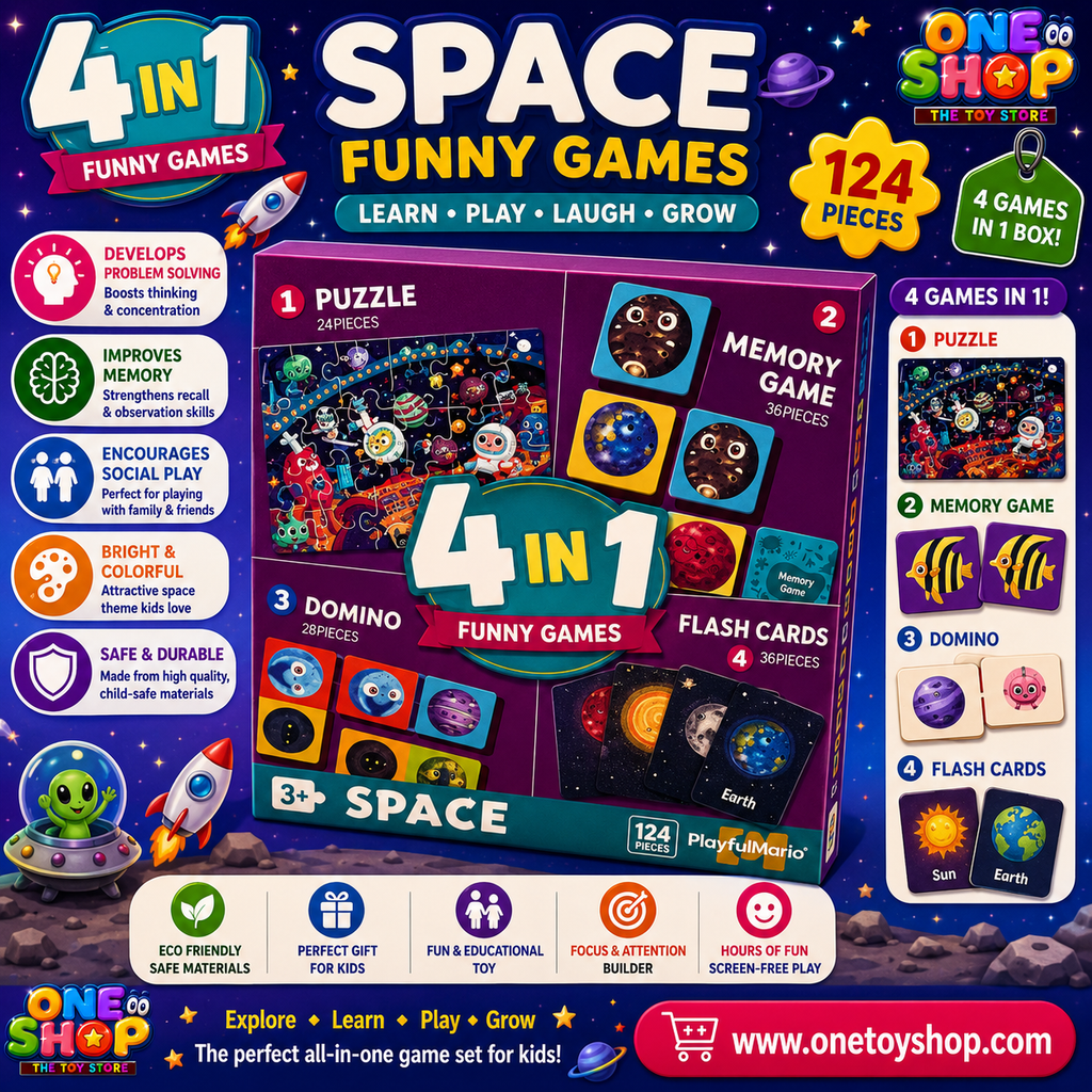 4-in-1 Space Educational Game Set for Kids – Puzzle, Memory Game, Domino & Flash Cards | 124 Pieces STEM Learning Activity Box | Space Toys for Kids Age 3+