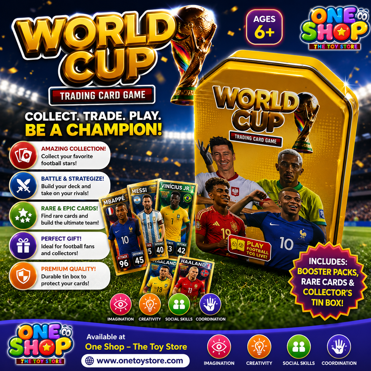 World Cup Football Trading Card Game Tin Box | Soccer Player Collectible Card Storage Case | Football TCG Collector Tin for Kids & Fans