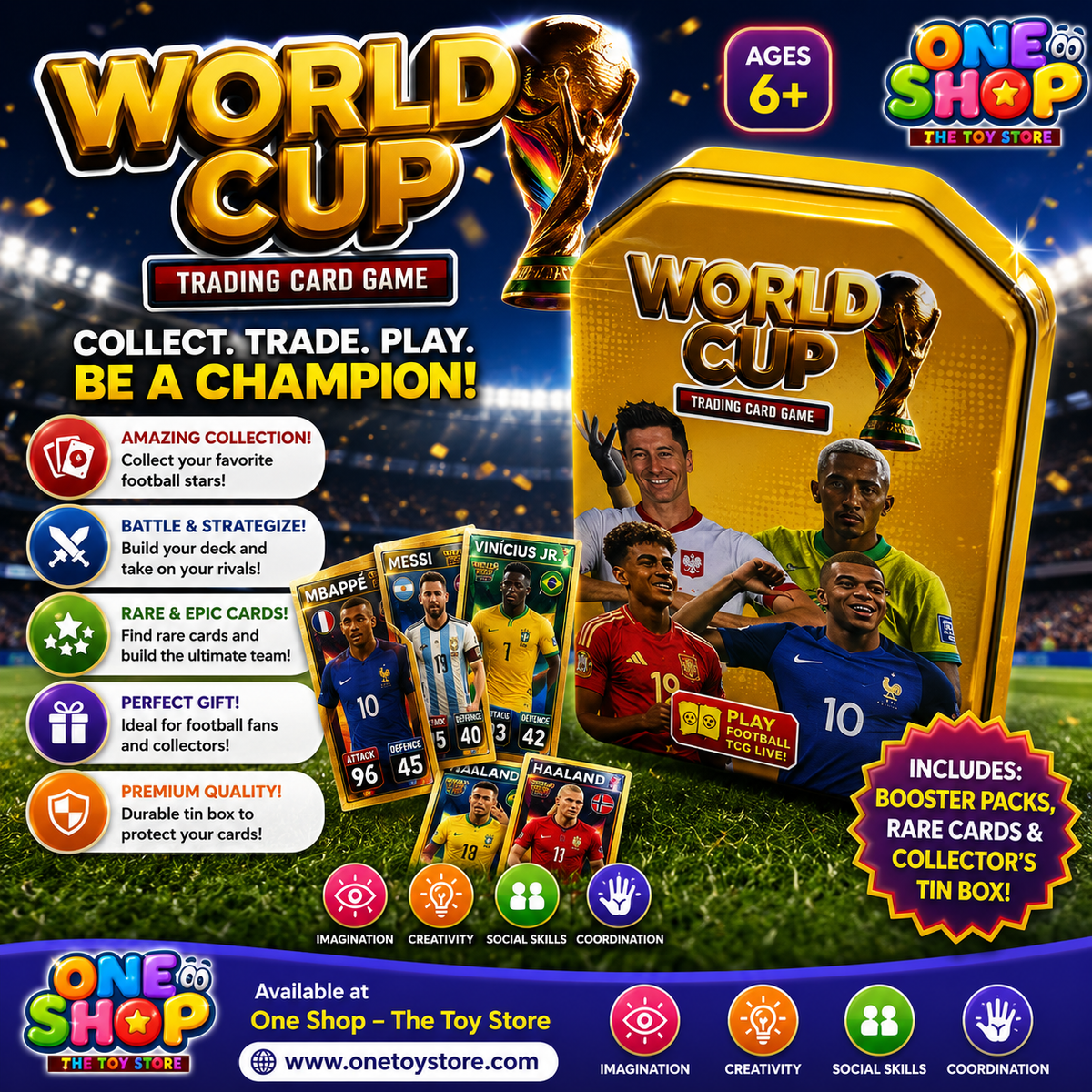World Cup Football Trading Card Game Tin Box | Soccer Player Collectible Card Storage Case | Football TCG Collector Tin for Kids & Fans