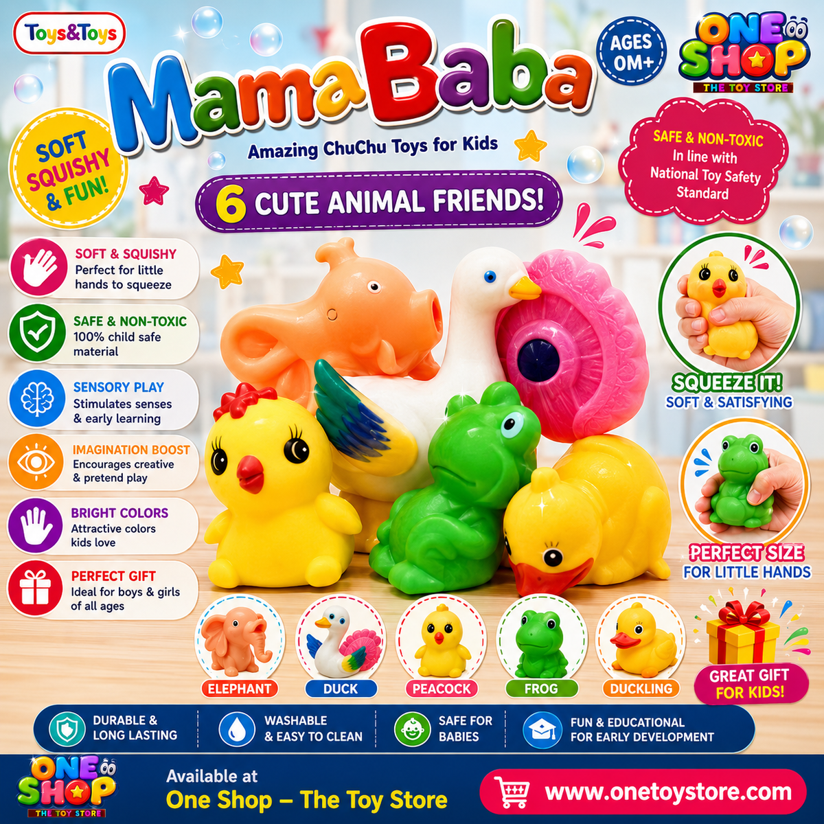 Mama Baby Soft Squeaky Animal Toys Set – 6PCS Baby Bath & Sensory Toys | Non-Toxic Squeeze Toys for Infants & Toddlers | Educational Animal Play Set