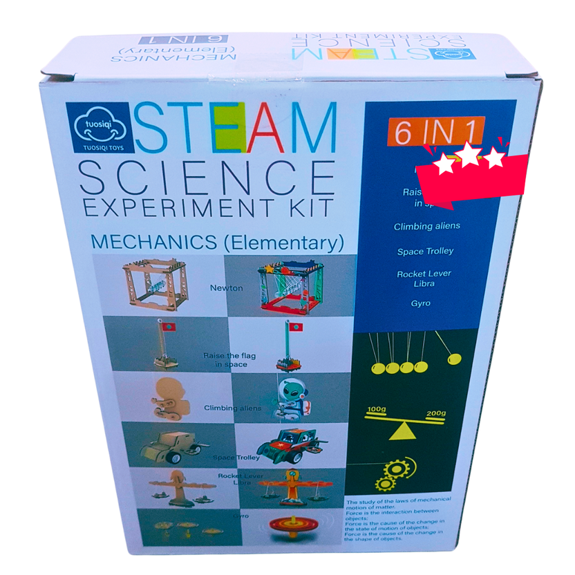 STEAM Science Experiment Kit – 6-in-1 Mechanics Elementary Set | Build Newton’s Cradle, Space Trolley, Rocket Lever & More | Ages 8+ Main image