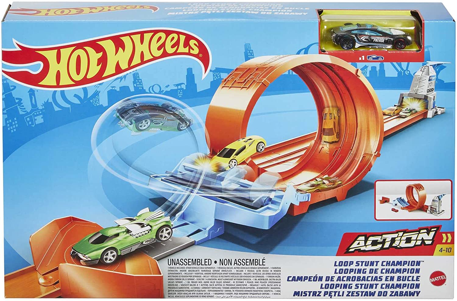 Hot Wheels Toy Car Track Set, Stunt Champion, Dual Track Loop with Dual Launcher, Includes 1:64 Scale Toy Car