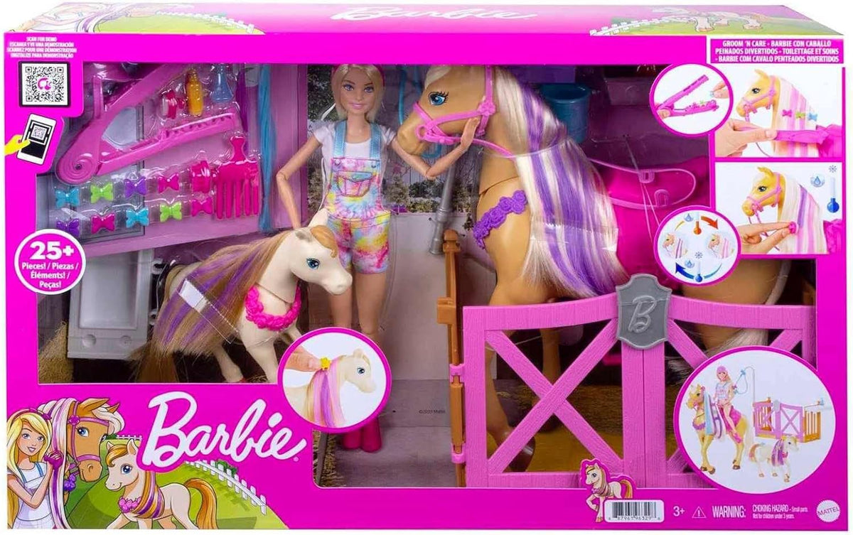Barbie Groom 'n Care Horses Playset with Barbie Doll (Blonde 11.5-Inch), 2 Horses, 20+ Grooming and Hairstyling Accessories, Gift for 3-7 Years, GXV77