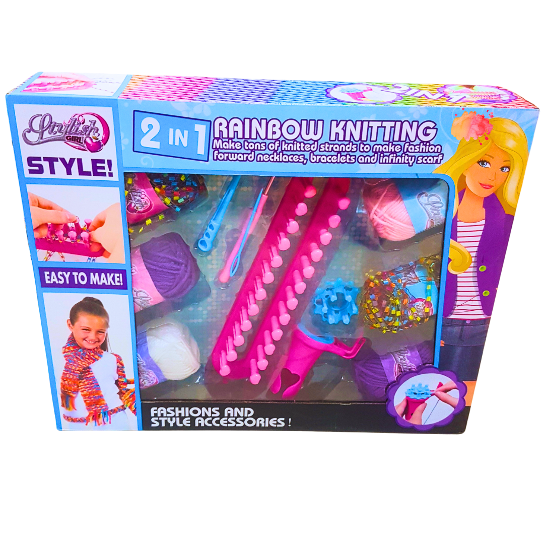 2-in-1 Rainbow Knitting DIY Craft Kit – Create Fashionable Scarves, Bracelets & More (Ages 6+)