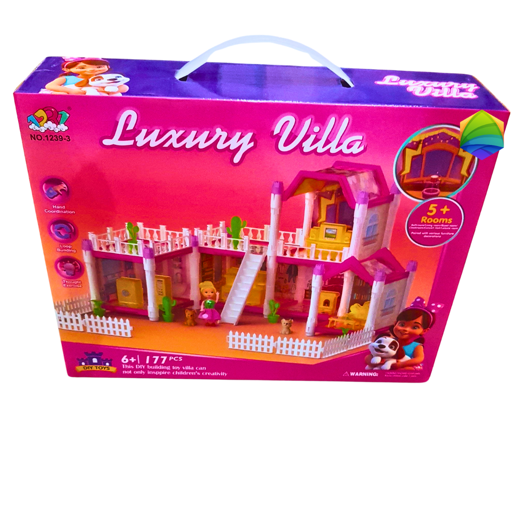 Luxury Villa Dollhouse Building Set – 77-Piece DIY Pretend Play House for Girls | 5+ Rooms with Furniture & Mini Doll | Ages 6+