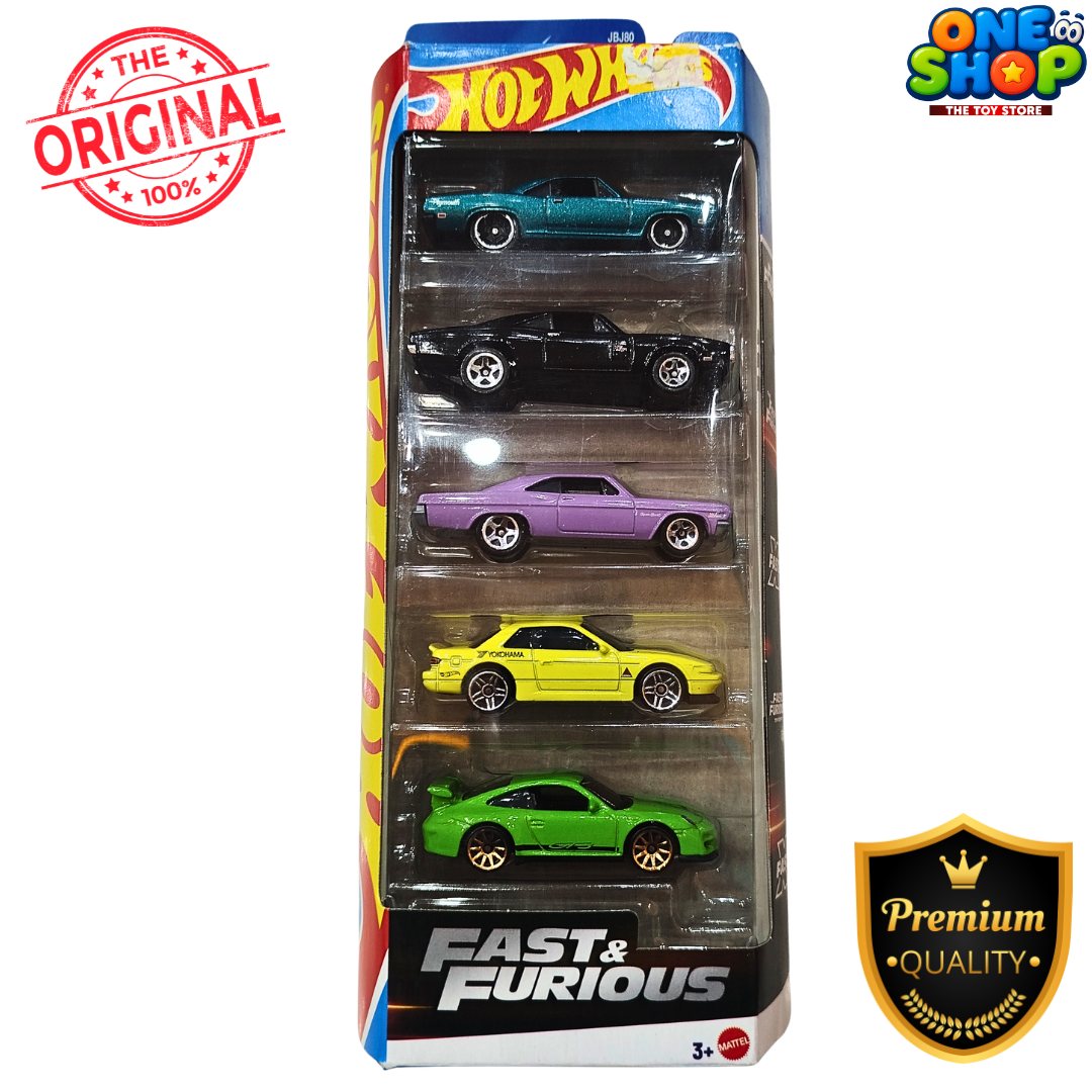 Hot Wheels Fast & Furious 5-Car Pack – Dodge Charger, Chevrolet Impala, Porsche 911 GT3 RS, Plymouth Barracuda & Nissan Silvia Die-Cast Set