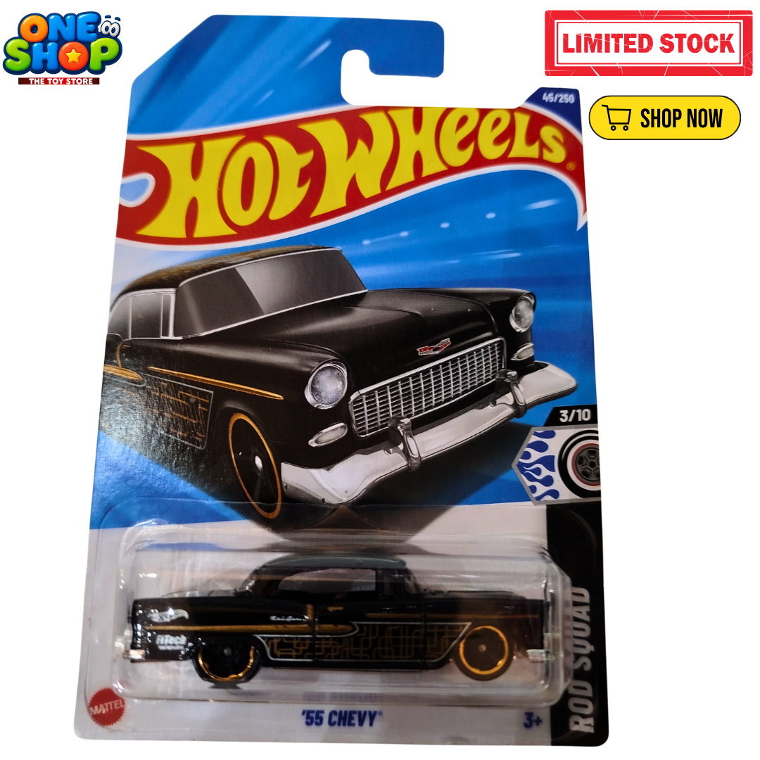 Hot Wheels ’55 Chevy Die-Cast Car – 1:64 Scale Mattel Classic Rod Squad Vintage Car Toy for Kids