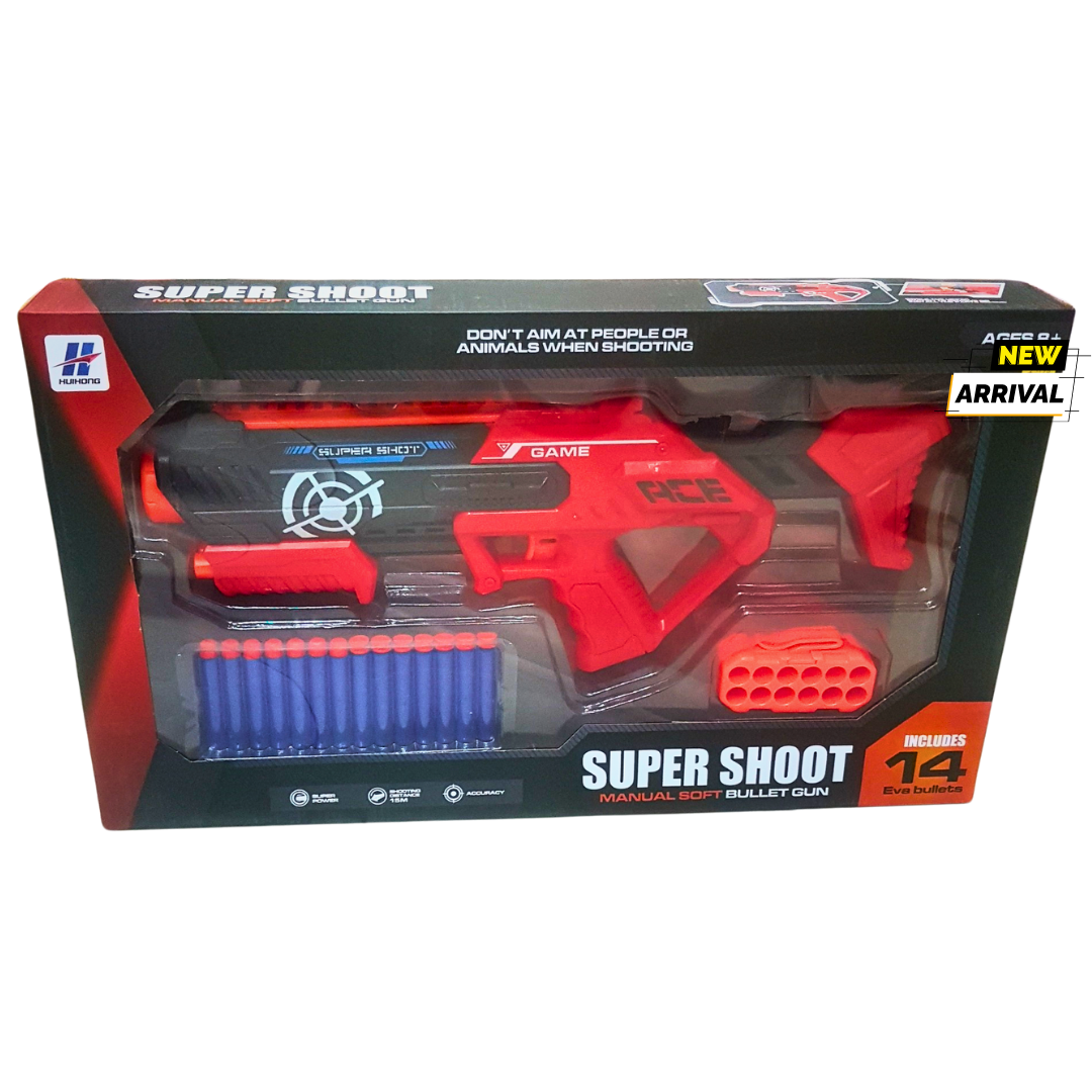 🔫 Super Shoot Manual Soft Bullet Gun – 14 EVA Foam Bullets – Action Toy for Kids – Max Attack Series