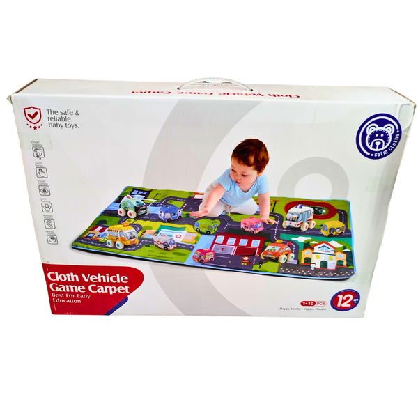 🚗 Cloth Vehicle Play Mat with 10 Soft Cars – Foldable Road Carpet for Toddlers (12M+)