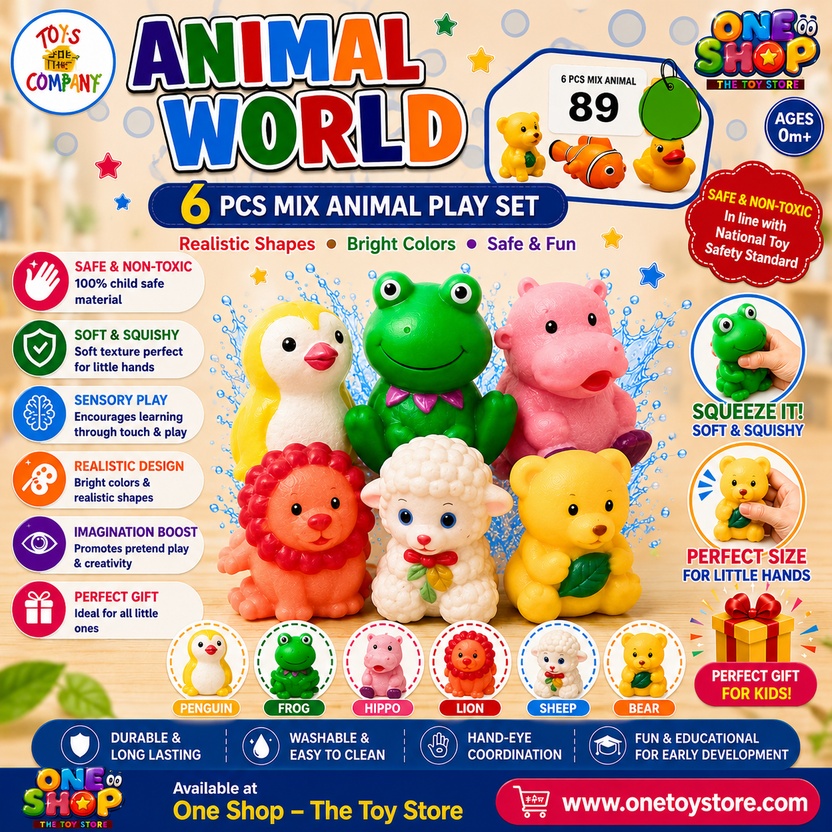 Animal World Soft Squeaky Animal Toy Set – 6PCS Sensory Bath & Squeeze Toys for Babies and Toddlers | Non-Toxic Educational Animal Play Set 3+ Years Main image