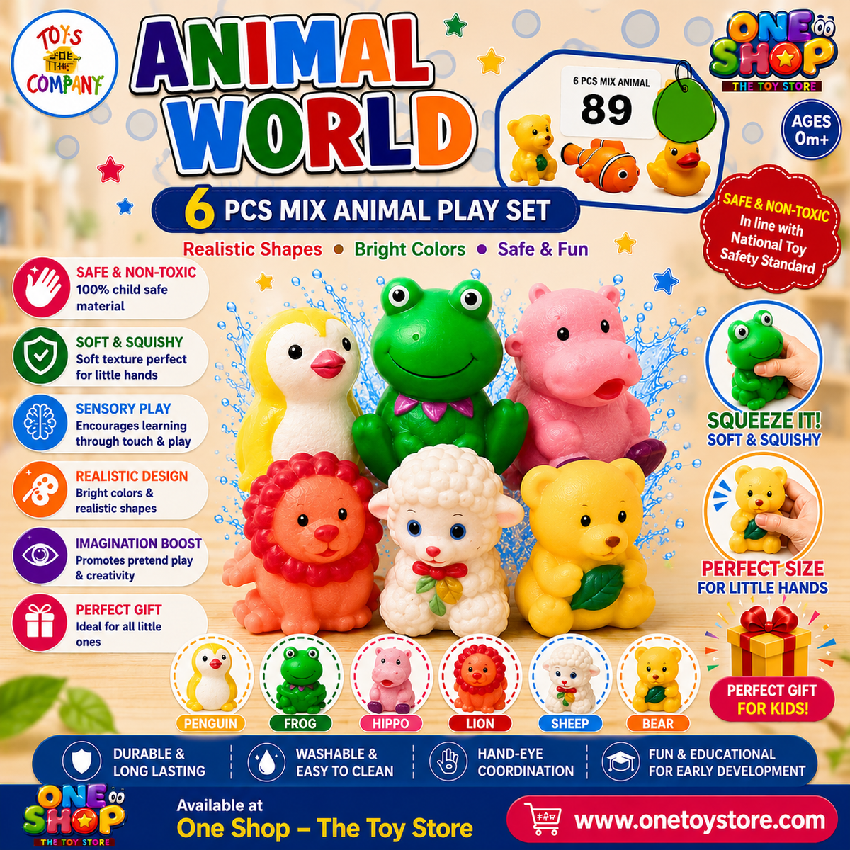 Animal World Soft Squeaky Animal Toy Set – 6PCS Sensory Bath & Squeeze Toys for Babies and Toddlers | Non-Toxic Educational Animal Play Set 3+ Years