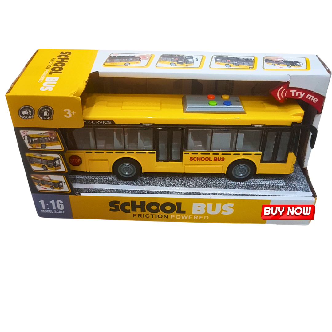 Friction Powered School Bus Toy with Lights & Sounds – 1:16 Scale Yellow Bus for Kids Ages 3+