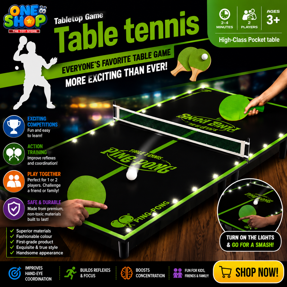 LED Table Tennis Game Set for Kids – Light-Up Mini Ping Pong Tabletop Game with Paddles & Balls | Interactive Family Sports Toy for Boys & Girls Age 6+