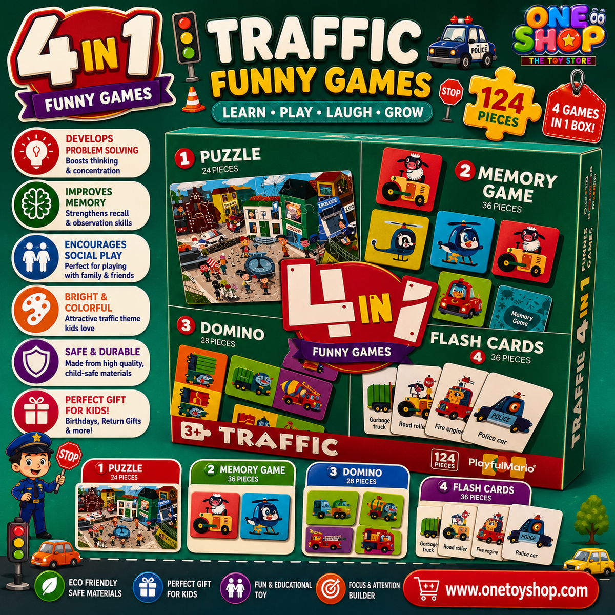 4-in-1 Traffic Educational Game Set for Kids – Puzzle, Memory Game, Domino & Flash Cards | 124 Pieces Learning Activity Box | Vehicle & Transportation Toy for Kids Age 3+