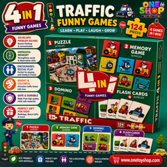 4-in-1 Traffic Educational Game Set for Kids – Puzzle, Memory Game, Domino & Flash Cards | 124 Pieces Learning Activity Box | Vehicle & Transportation Toy for Kids Age 3+