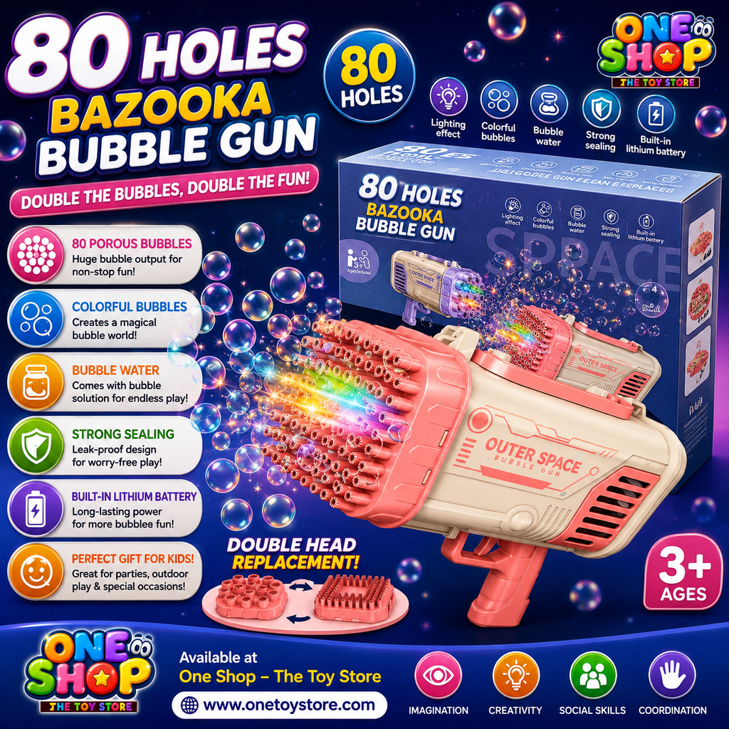 80-Hole Bazooka Bubble Gun for Kids | Automatic Bubble Machine with LED Lights & Lithium Battery | Outer Space Bubble Blaster Toy for Boys & Girls 3+