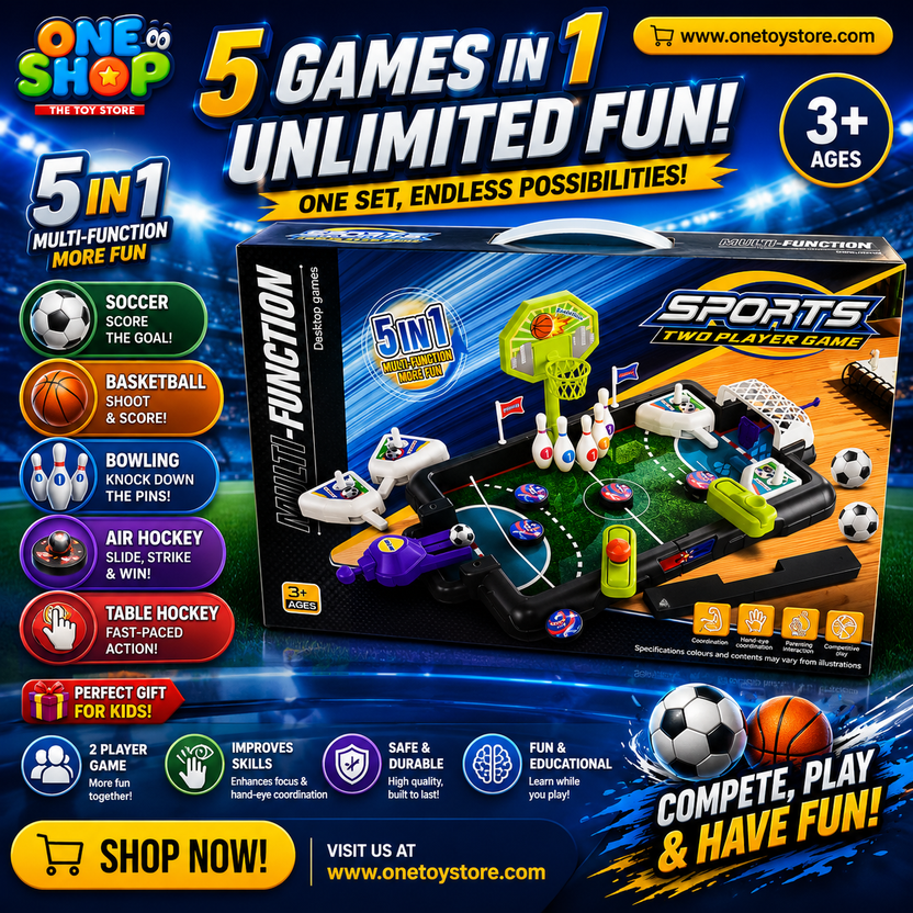 5-in-1 Multi-Function Sports Table Game for Kids – Mini Soccer, Basketball, Bowling & Arcade Board Game Set | Two-Player Educational Sports Toy Ages 3+ Main image