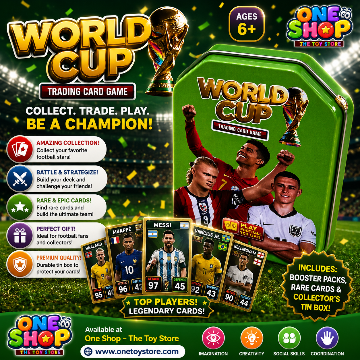 World Cup Football Trading Card Game Tin Box – Green Edition | Soccer Card Storage Case | Football Collector Tin for Kids & Sports Fans