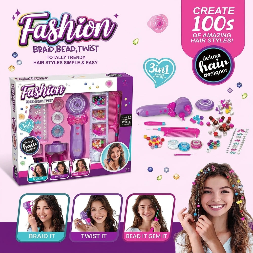 3-in-1 Deluxe Hair Designer Kit – Braid, Bead & Twist with Gems – Model 8660