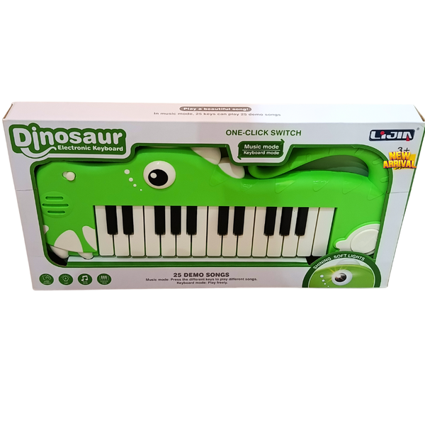 Kids Dinosaur Electronic Piano Keyboard – 25 Demo Songs, Music & Keyboard Modes, Soft Flashing Lights | Green Crocodile-Shaped Musical Toy for Ages 3+