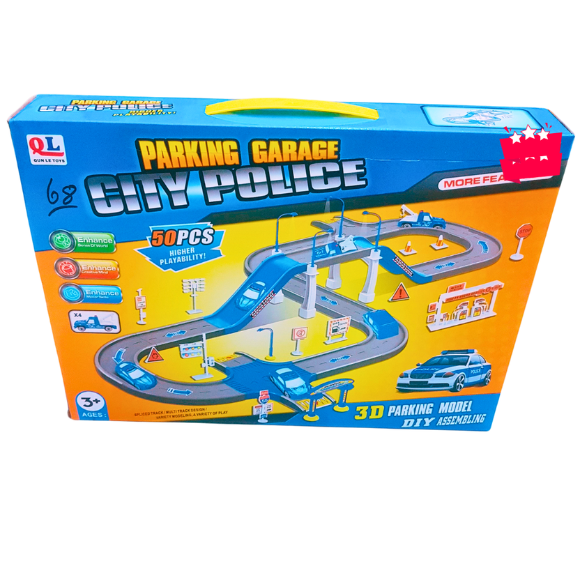 City Police Parking Garage – 50 PCS 3D DIY Track Set | High-Speed Police Car Playset with Multi-Level Ramp | Ages 3+ Main image