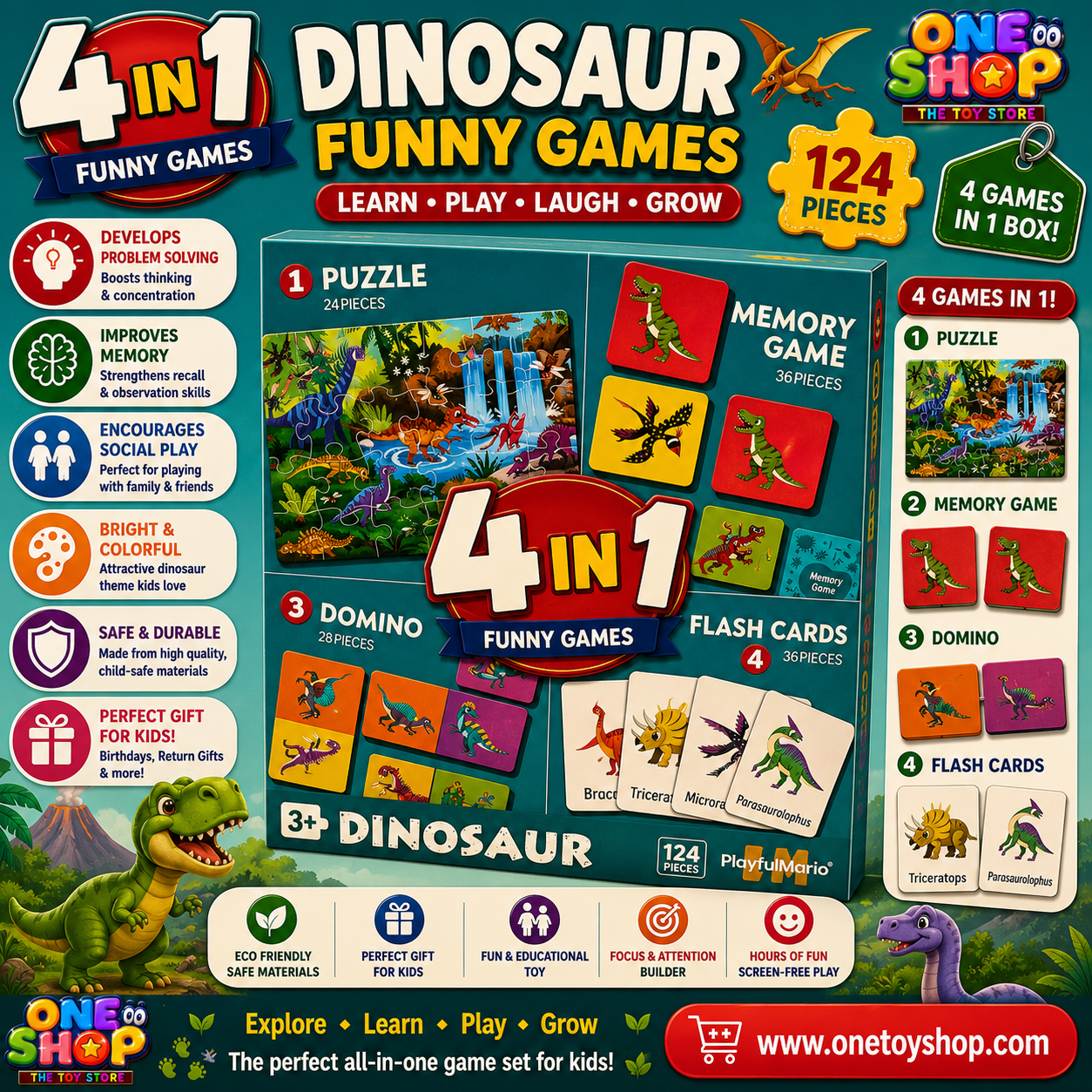 4-in-1 Dinosaur Educational Game Set for Kids – Puzzle, Memory Game, Domino & Flash Cards | 124 Pieces Dinosaur Learning Activity Box | STEM Toy for Boys & Girls Age 3+