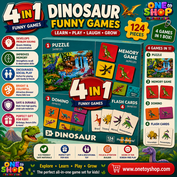 4-in-1 Dinosaur Educational Game Set for Kids – Puzzle, Memory Game, Domino & Flash Cards | 124 Pieces Dinosaur Learning Activity Box | STEM Toy for Boys & Girls Age 3+