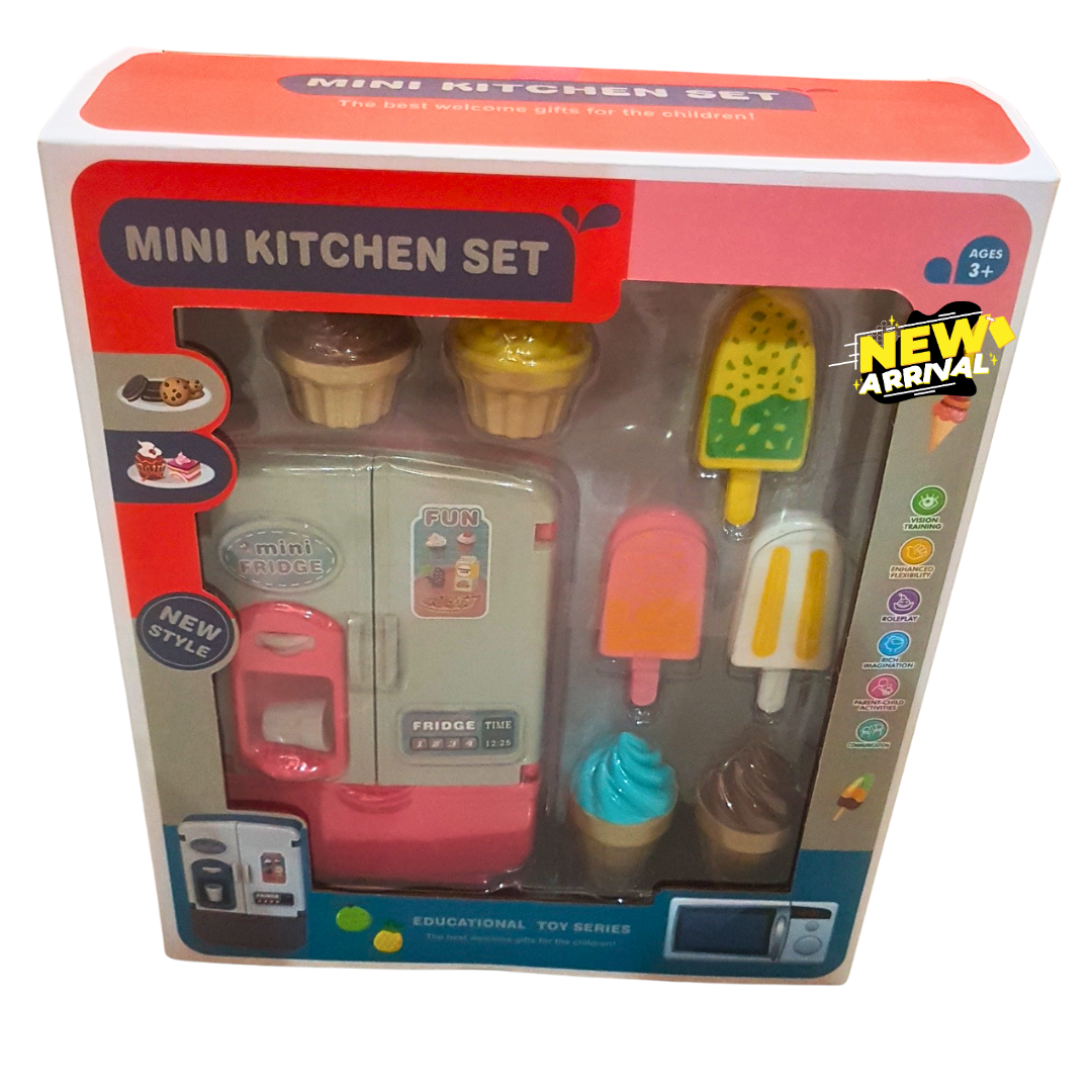 🍦 Mini Kitchen Set for Kids – Toy Fridge with Ice Cream, Cupcakes & Popsicles | Pretend Play Cooking Set (Ages 3+)