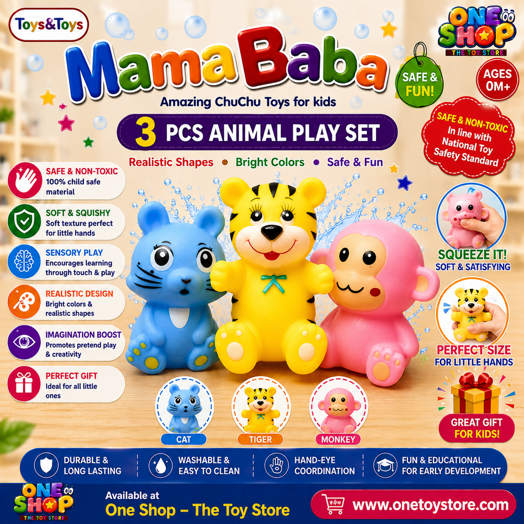 Mama Baba Soft Animal Squeeze Toy Set – 3PCS Cute Tiger, Monkey & Cat Sensory Toys for Babies and Toddlers | Non-Toxic Squishy Educational Play Set