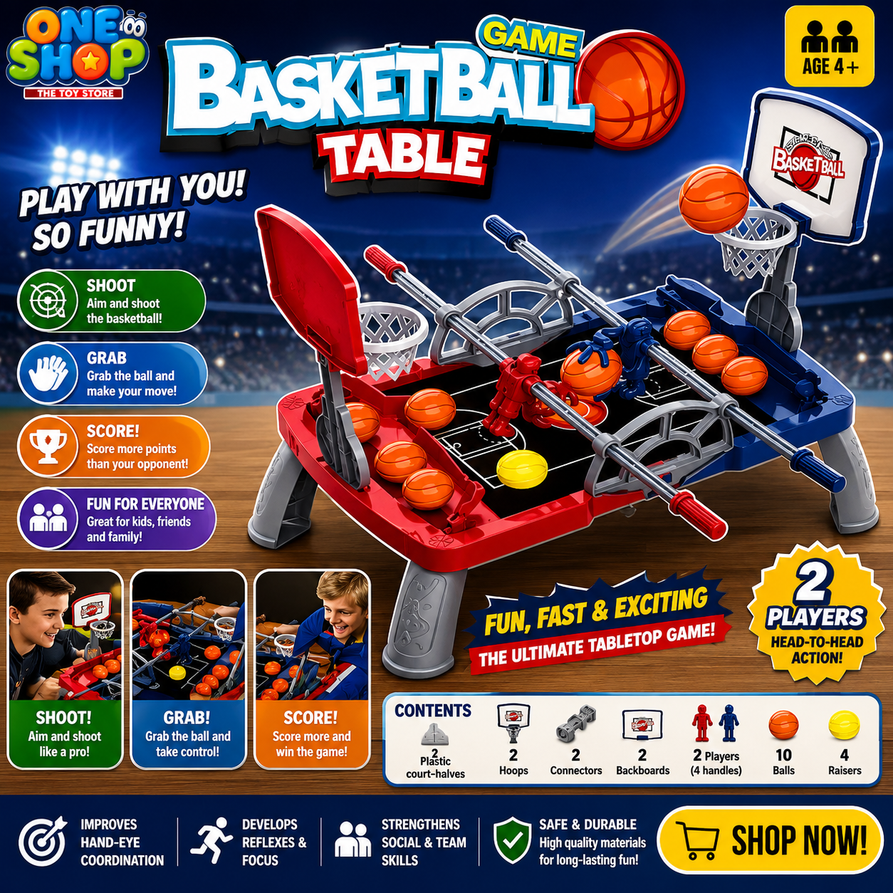 2-Player Basketball Table Game for Kids – Interactive Desktop Basketball Shooting Competition Set with Hoops & Balls | Family Sports Board Game Age 4+