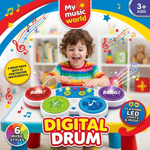 Kids Electronic Digital Drum Set – 4 Interactive Drum Pads, 6 Music Styles, 12 Percussion Instruments, Lights & Sounds | Musical Toy for Ages 3+