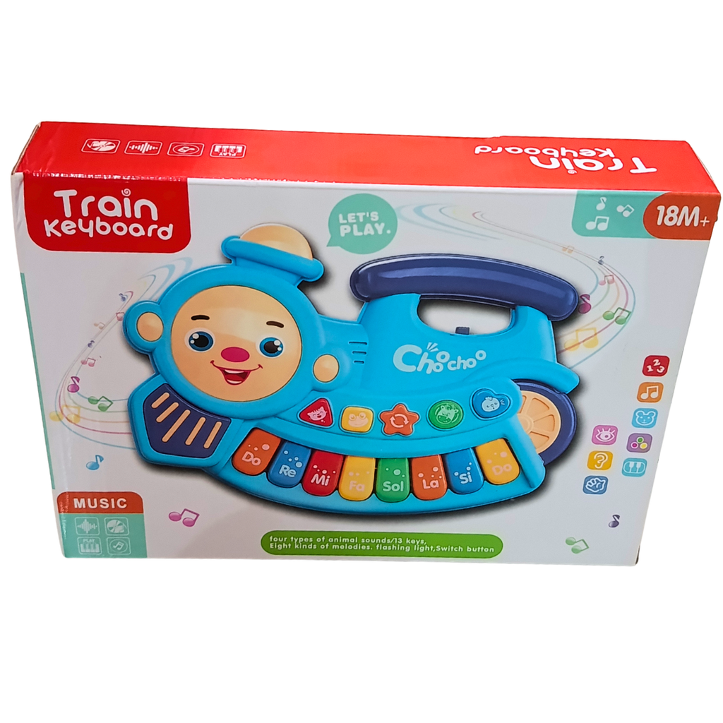 Blue Train Keyboard Musical Learning Toy – Piano Keys, Animal Sounds, 8 Melodies & Flashing Lights, Ages 18M+