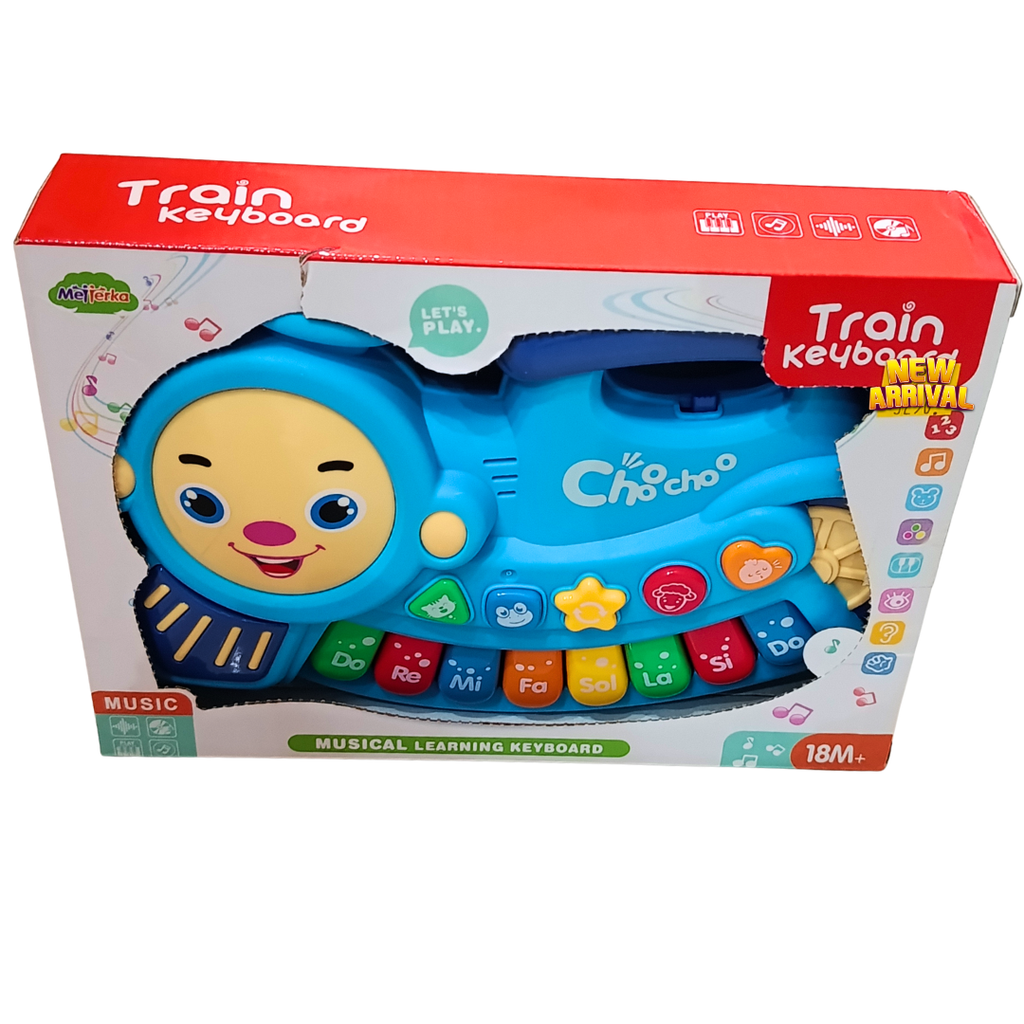 Blue Train Keyboard Musical Learning Toy – Piano Keys, Animal Sounds, 8 Melodies & Flashing Lights, Ages 18M+