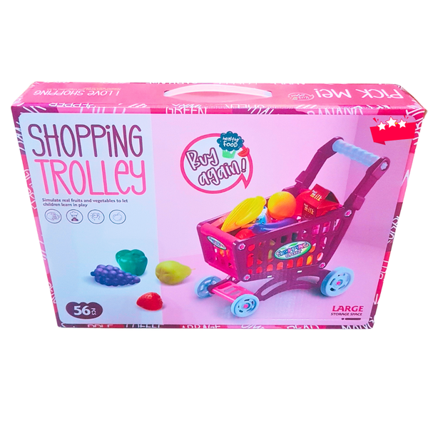 🛒 Large Toy Shopping Trolley with 56/51 Pcs Play Food – Pretend Grocery Cart for Kids | Roleplay Fruits & Vegetables Set (3+ Years)
