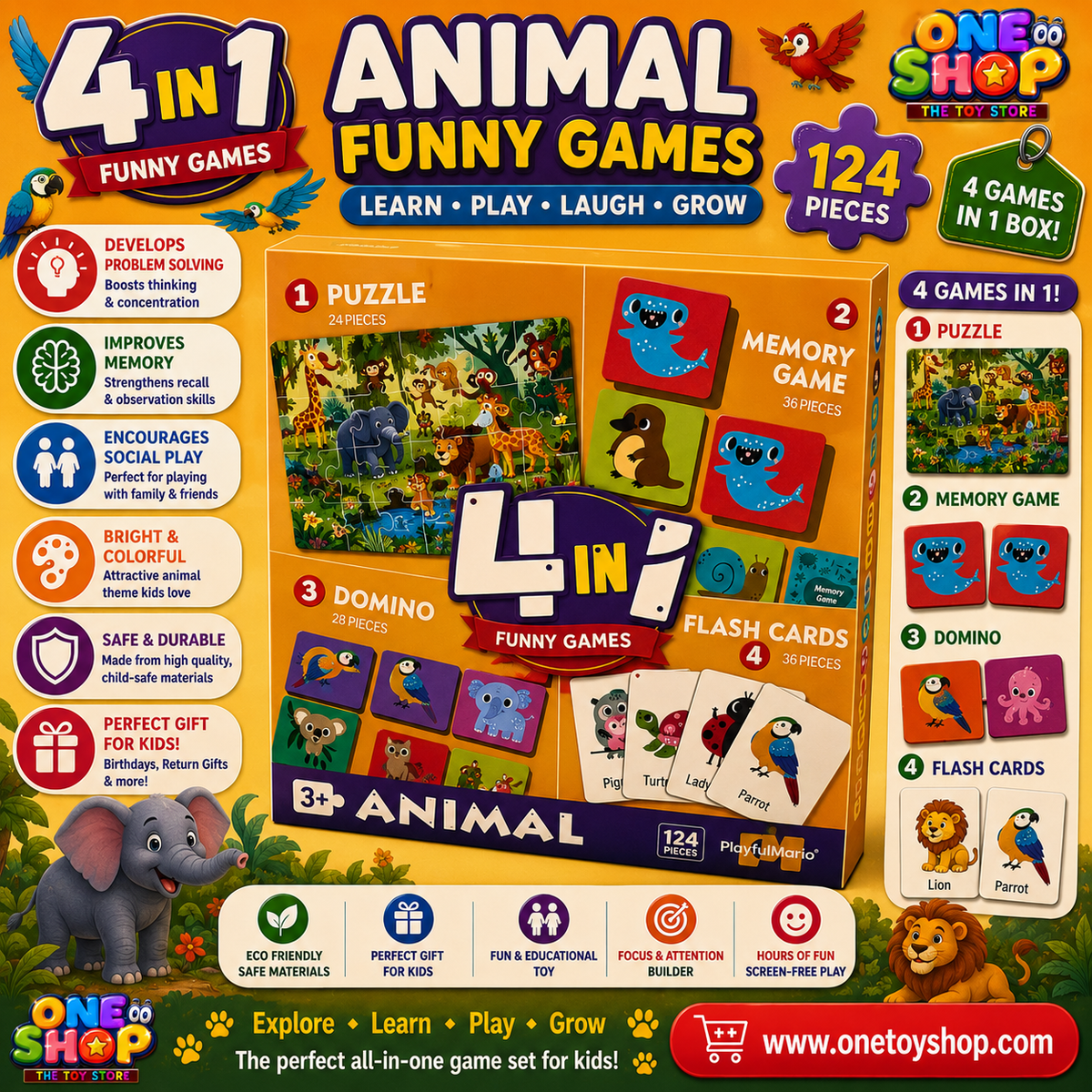 4-in-1 Animal Educational Game Set for Kids – Puzzle, Memory Game, Domino & Flash Cards | 124 Pieces Learning Activity Box | Animal Learning Toy for Preschoolers Age 3+